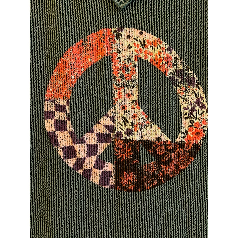 Last 3! Boho Soft Ribbed Moss V Neck Reverse Stitch Peace Sign Top! - Picture 2 of 5